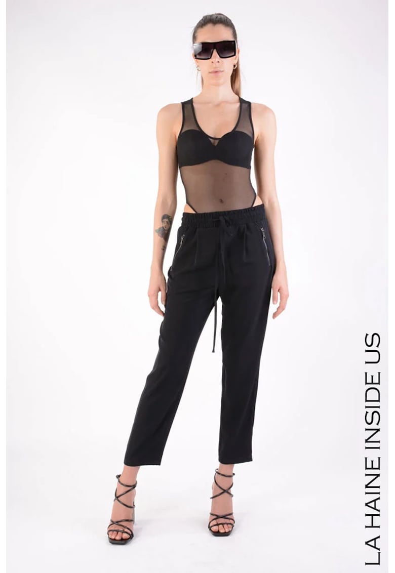-Pantaloni regular fit cu elastic în talie și buzunare cu închidere prin fermoar - Negru
