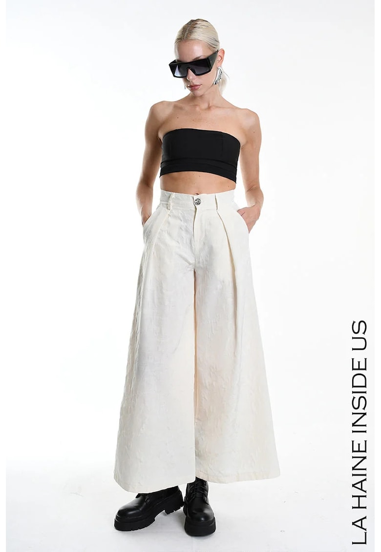 -Pantaloni largi cu talie înaltă LH1 - Crem