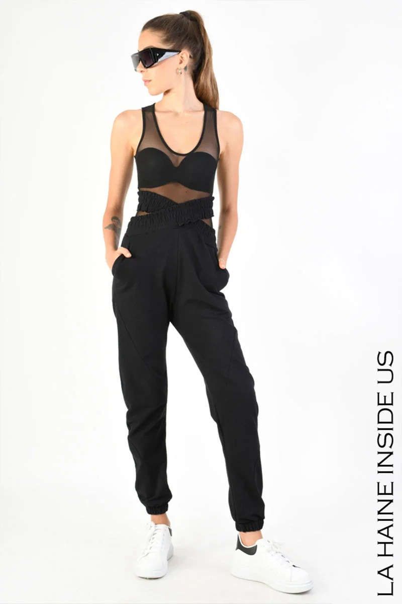 -Pantaloni regular fit cu elastic în talie și la glezne - Negru