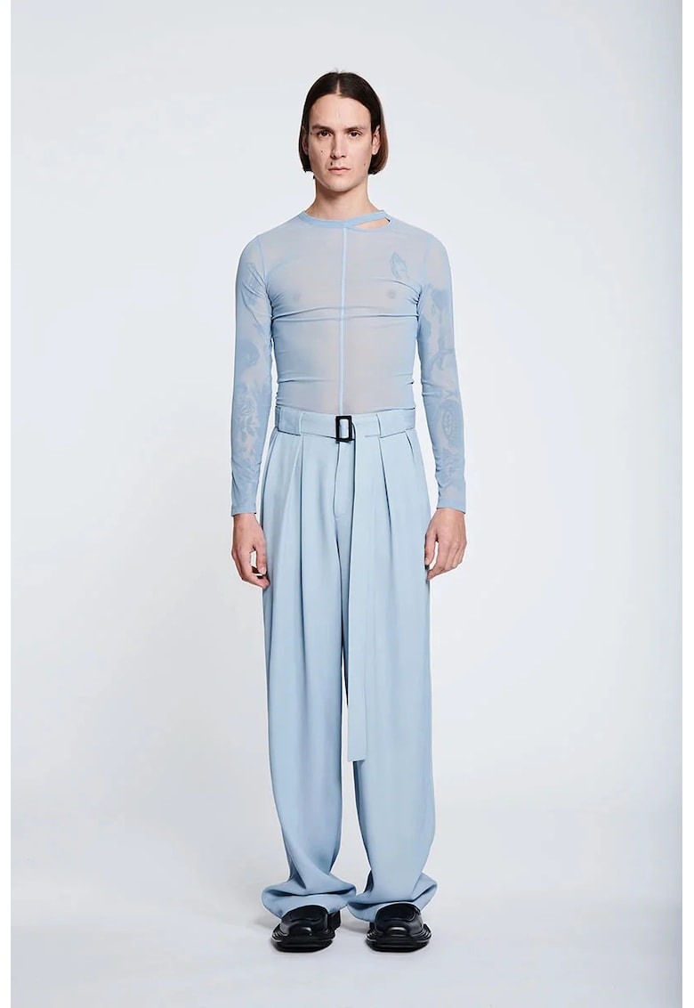 -Pantaloni largi supradimensionați cu curea în talie - Albastru deschis