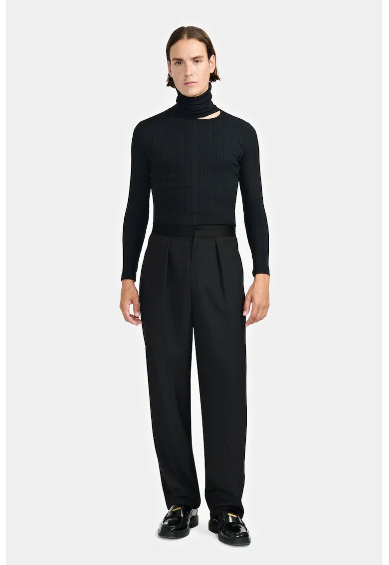 -Pantaloni drepți cu bandă satinată în talie - Negru