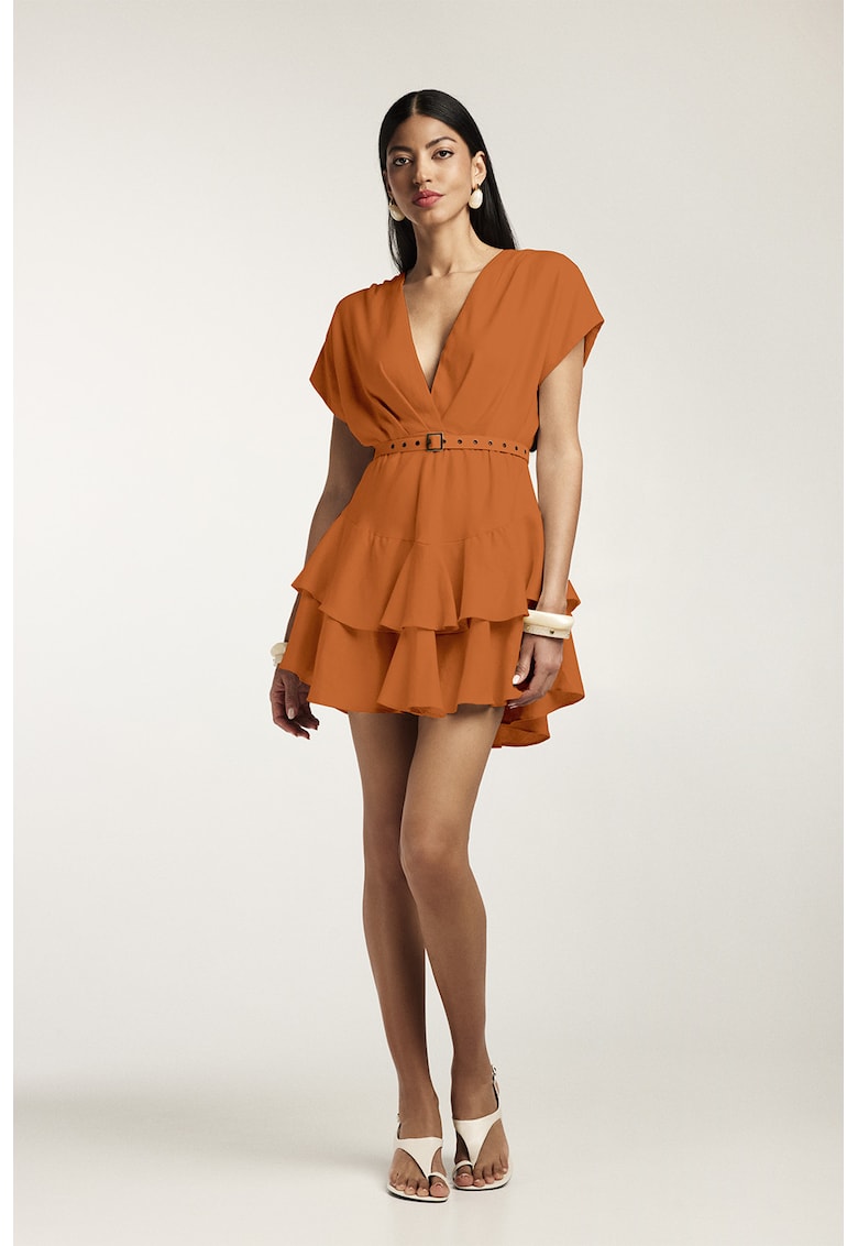 Rochie mini din amestec de bambus cu volane si curea