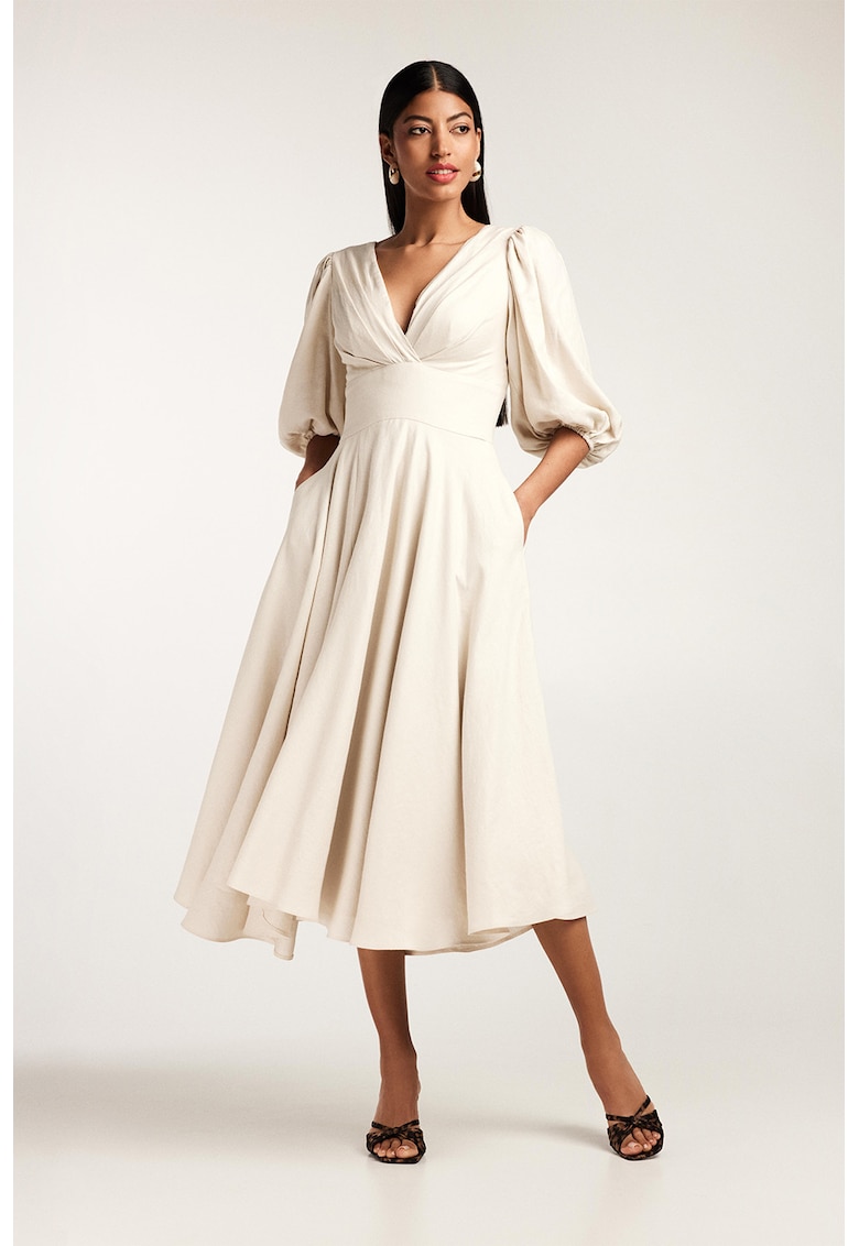 Rochie midi cu croiala in A - din amestec de bambuc - cu maneci bufante