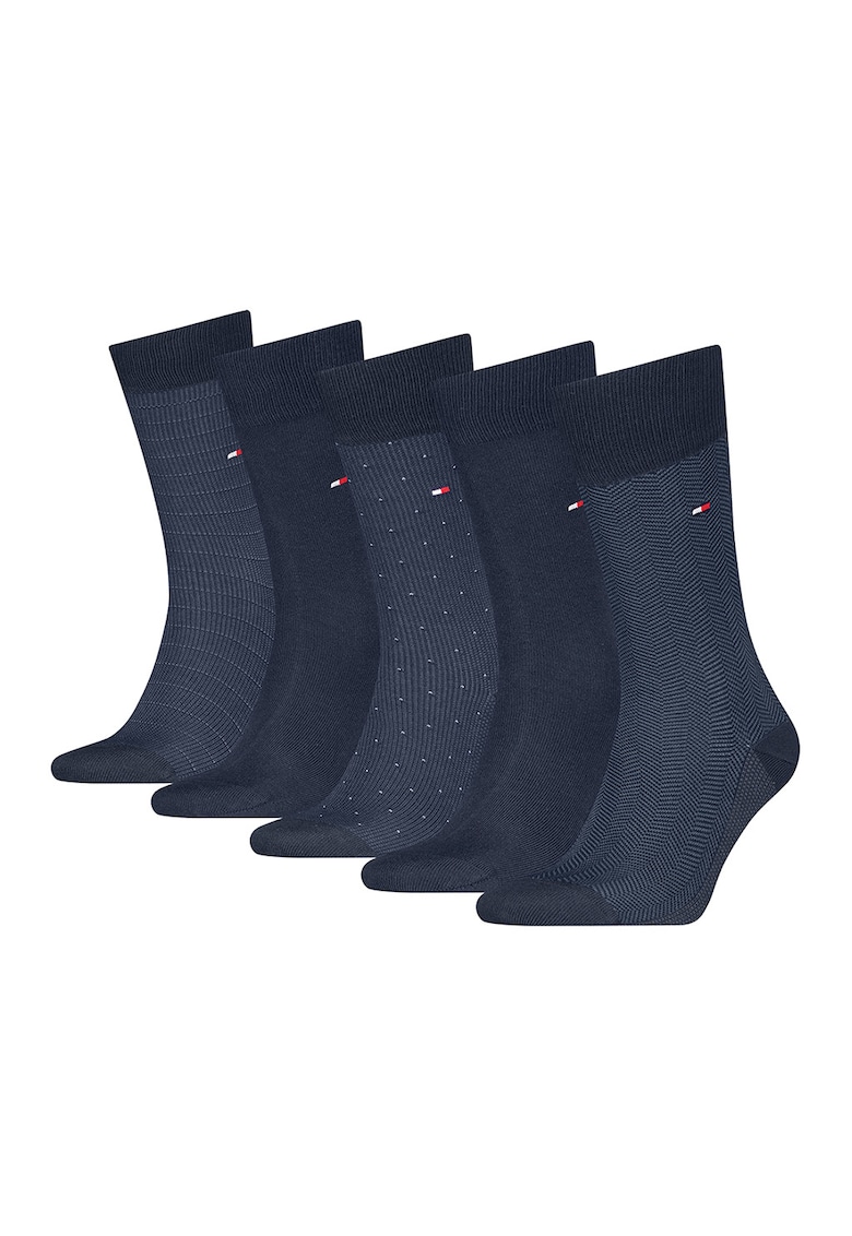 Set de sosete lungi uni cu logo si model - 5 perechi - Albastru inchis/Albastru ultramarin