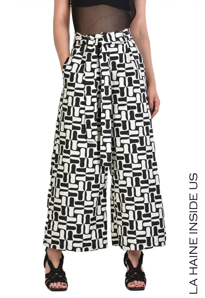 -Pantaloni drepți cu imprimeu abstract și cordon în talie