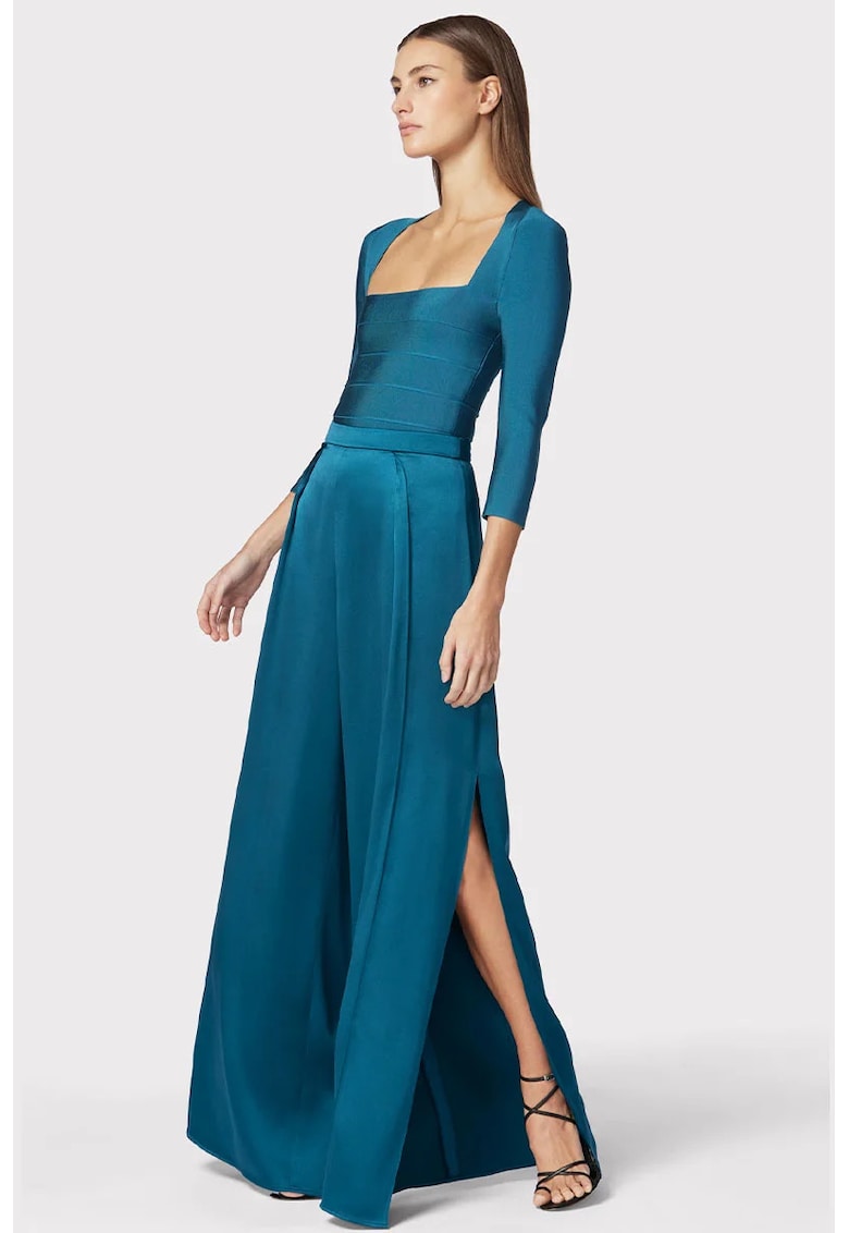 Pantaloni din matase cu croi evazat - talie inalta si crapatura pe picior