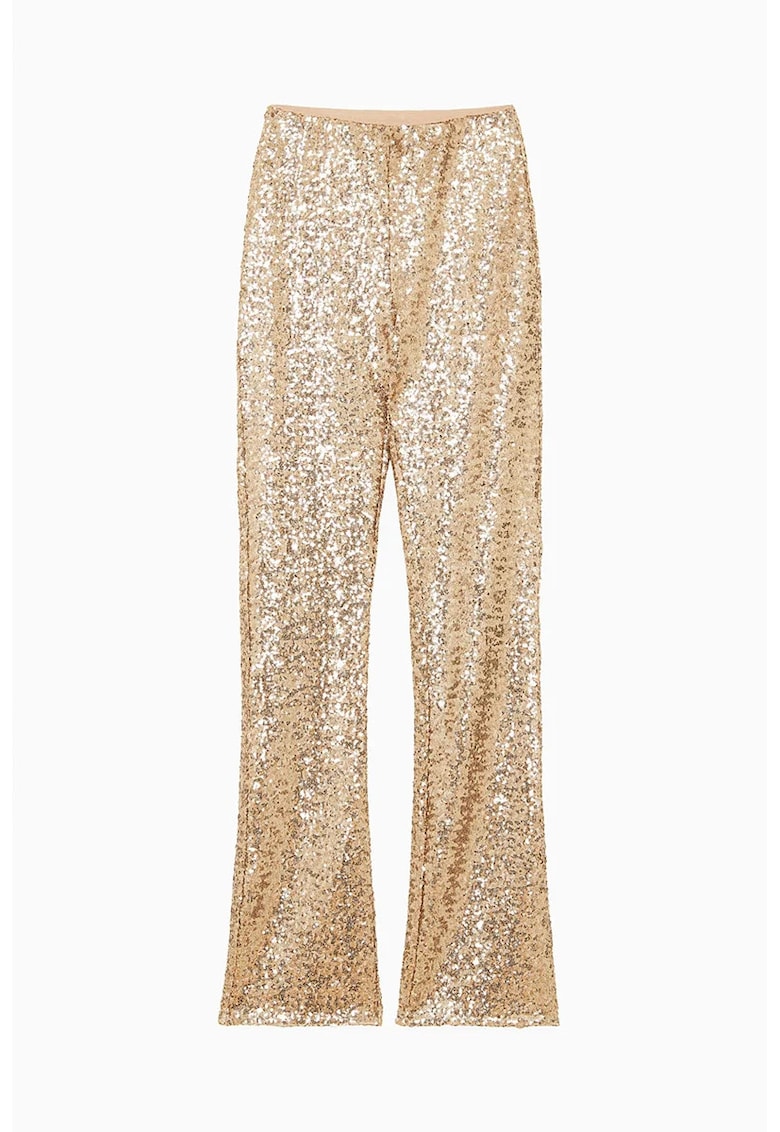 Pantaloni slim-fit - evazati - din tul elastic cu paiete - Auriu - XS/S