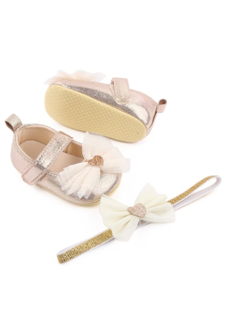 Pantofi SuperBaby - Model AL 13127 cu bentita asortata - Textil - Fete - 6-9 luni - Auriu -