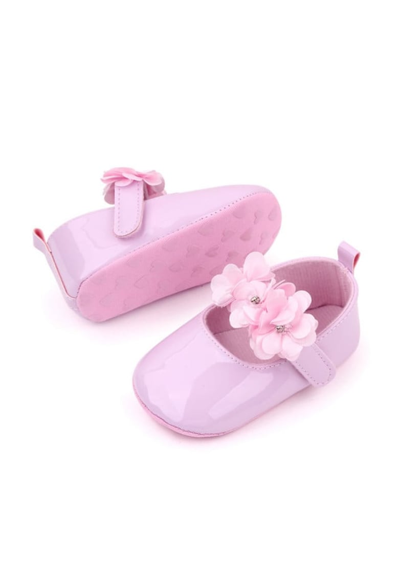 Pantofi Model AL 14810 cu floricele din satin - Piele lacuita - Fete - 6-9 luni - Roz -