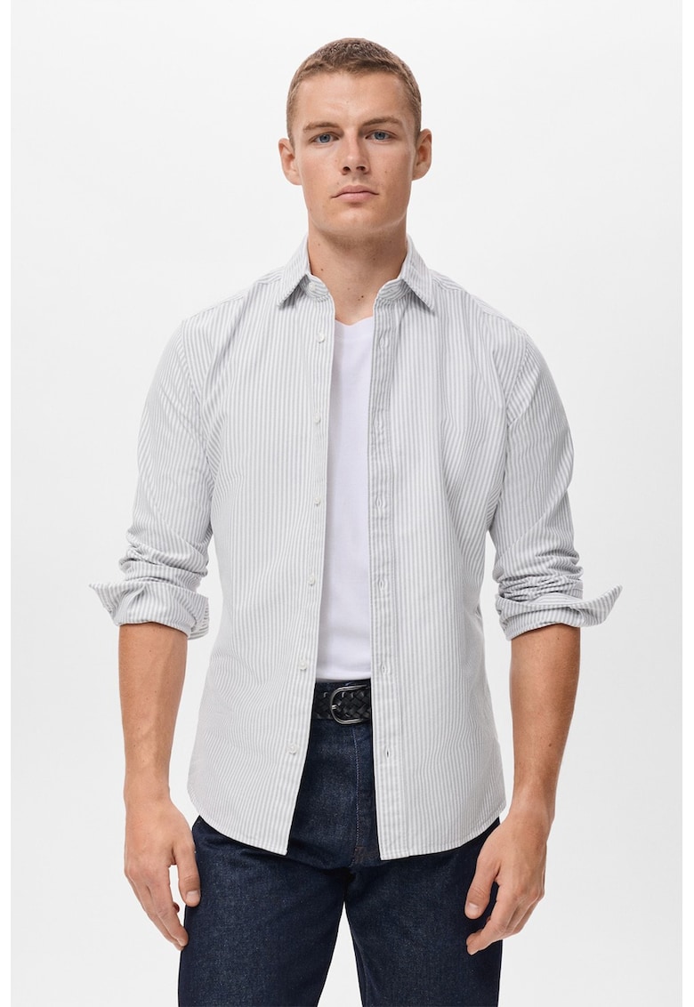 Camasa slim fit in dungi cu guler ascutit - Alb/Gri inchis