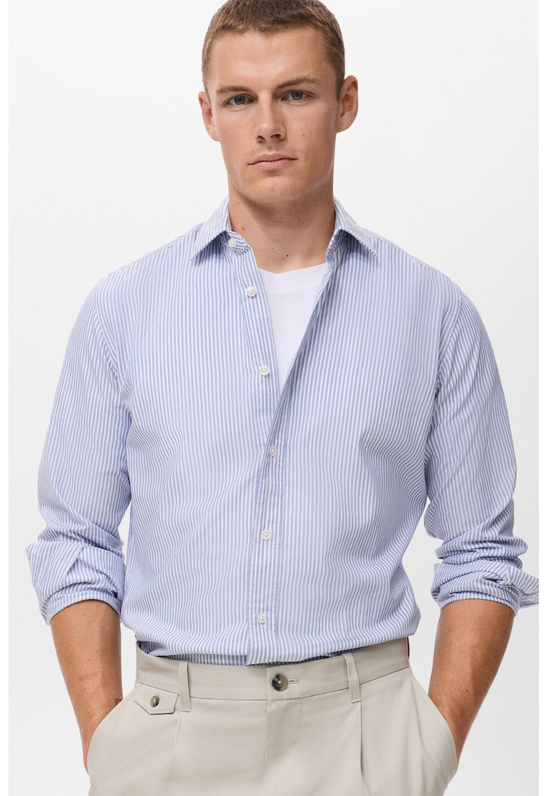 Camasa de bumbac cu model in dungi - Alb/Albastru inchis