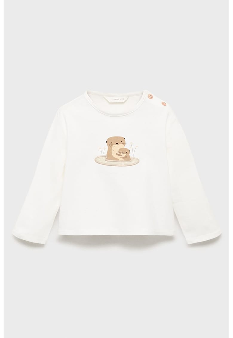 Bluza cu maneci lungi si imprimeu grafic - Alb fildes/Maro deschis