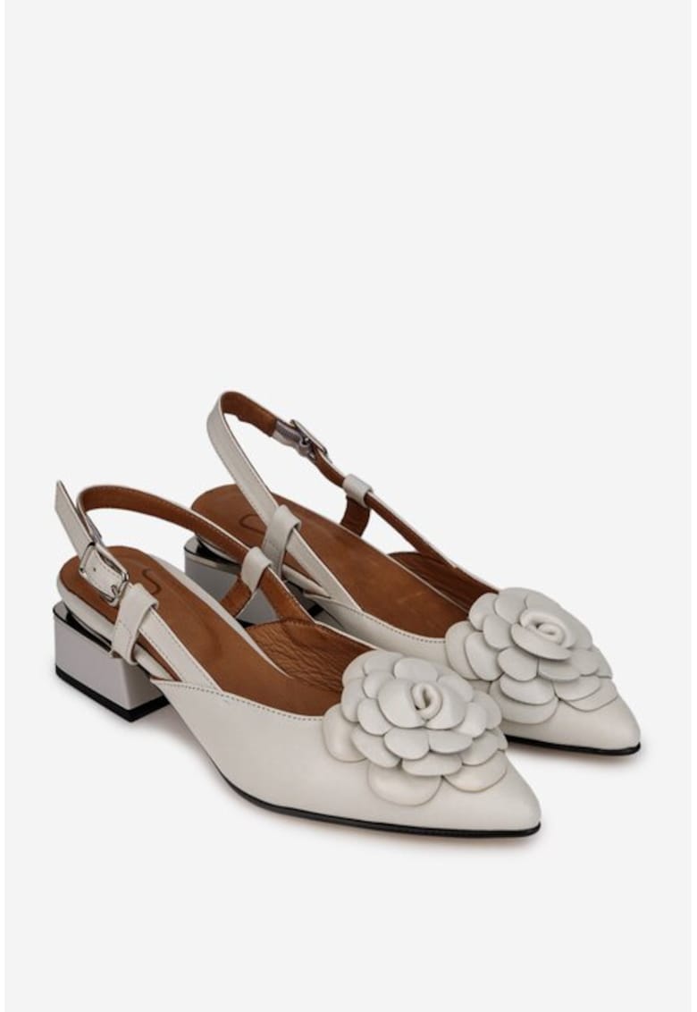 Pantofi dama bej din piele cu ornament floare