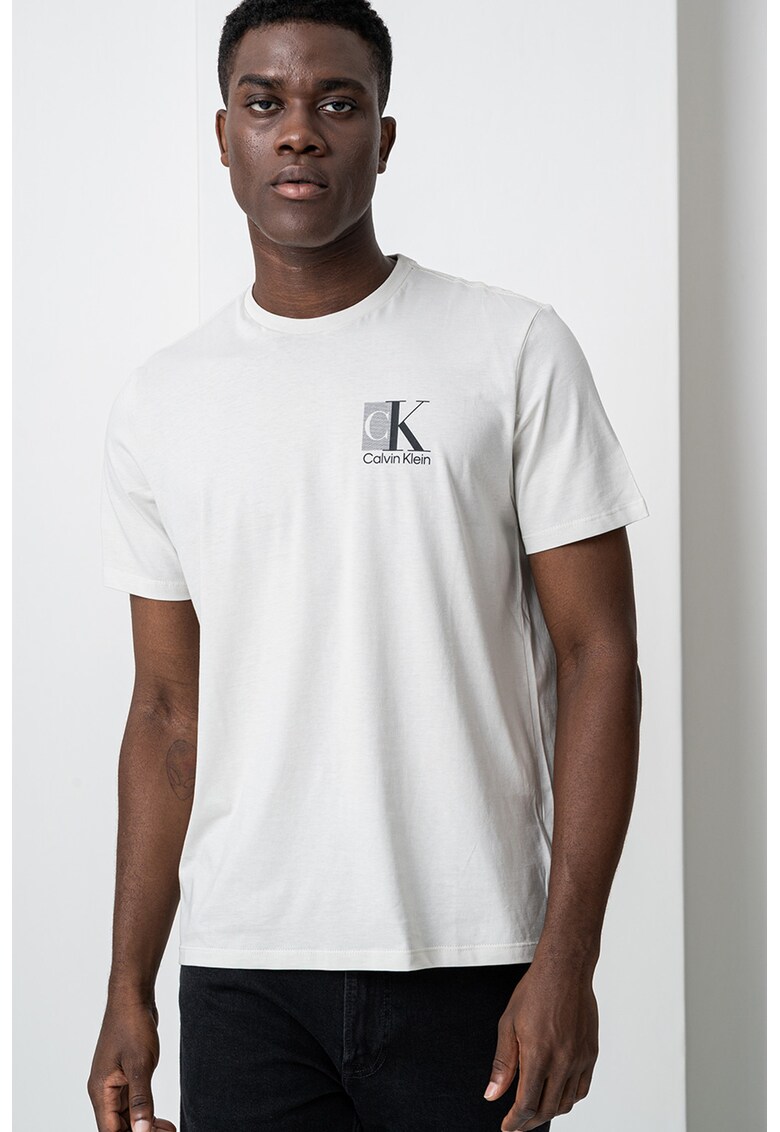 Tricou din bumbac cu decolteu la baza gatului - Negru stins/Alb murdar