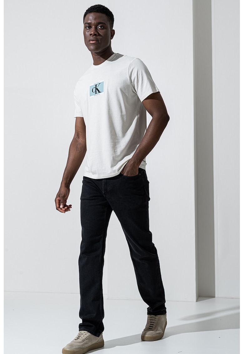 Tricou cu imprimeu si decolteu la baza gatului - Alb optic/Albastru petrol/Bej deschis