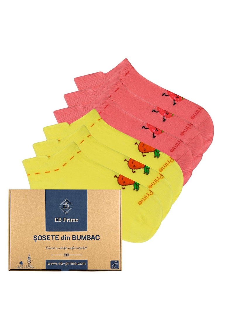 EB Prime Set 6 perechi - Sosete scurte Dama - Cutiuta "Eleganta in Miscare" - Marimi 35-46 - Galben/Roz