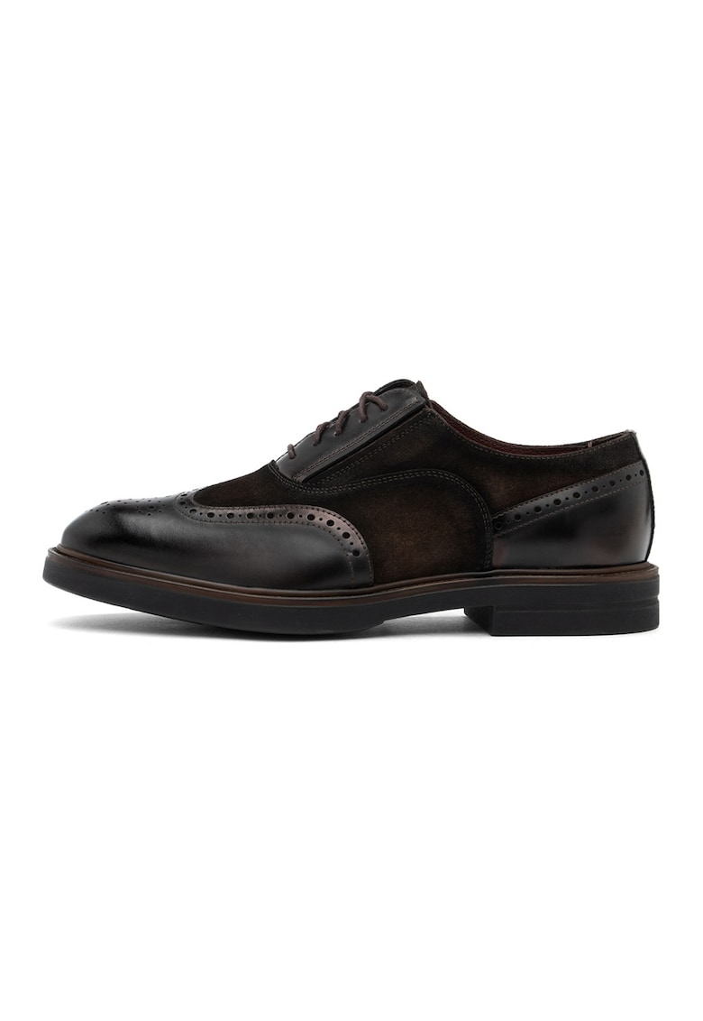 Pantofi de piele cu garnituri de piele intoarsa - Maro inchis