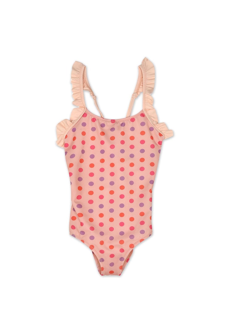 Costum de baie copii - model cu buline si volane - roz - poliester/elastan