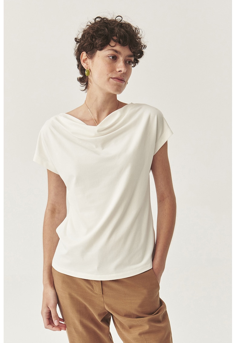 Tricou din amestec de modal si decolteu drapat - Alb fildes