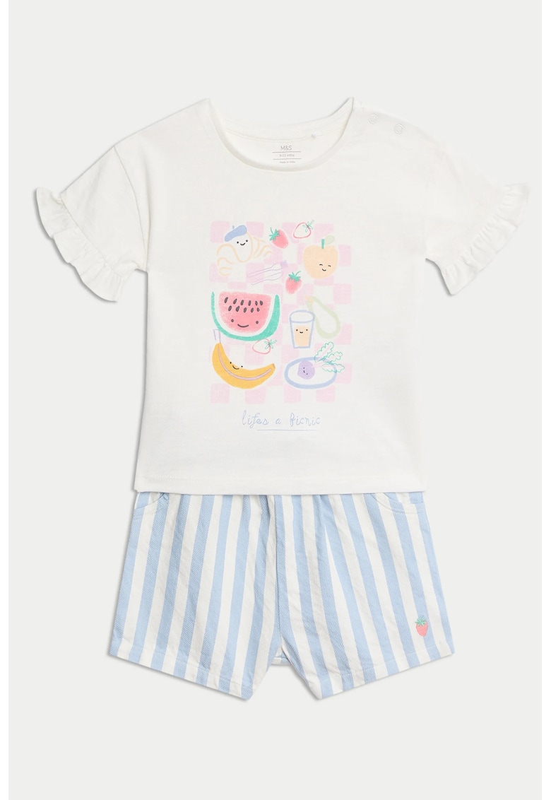 Set de pantaloni scurti si tricou din bumbac - Albastru pastel/Roz pastel/Alb murdar