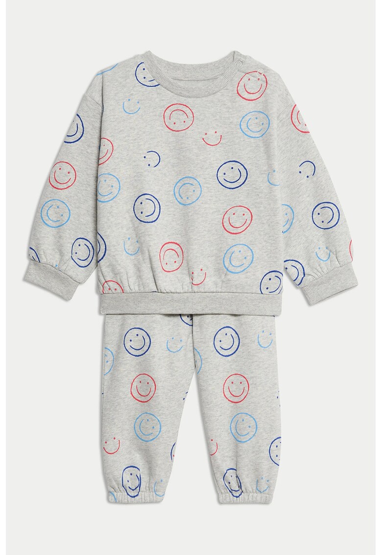 Pijama cu imprimeu fata zambitoare - Albastru inchis/Rosu stins/Gri deschis melange