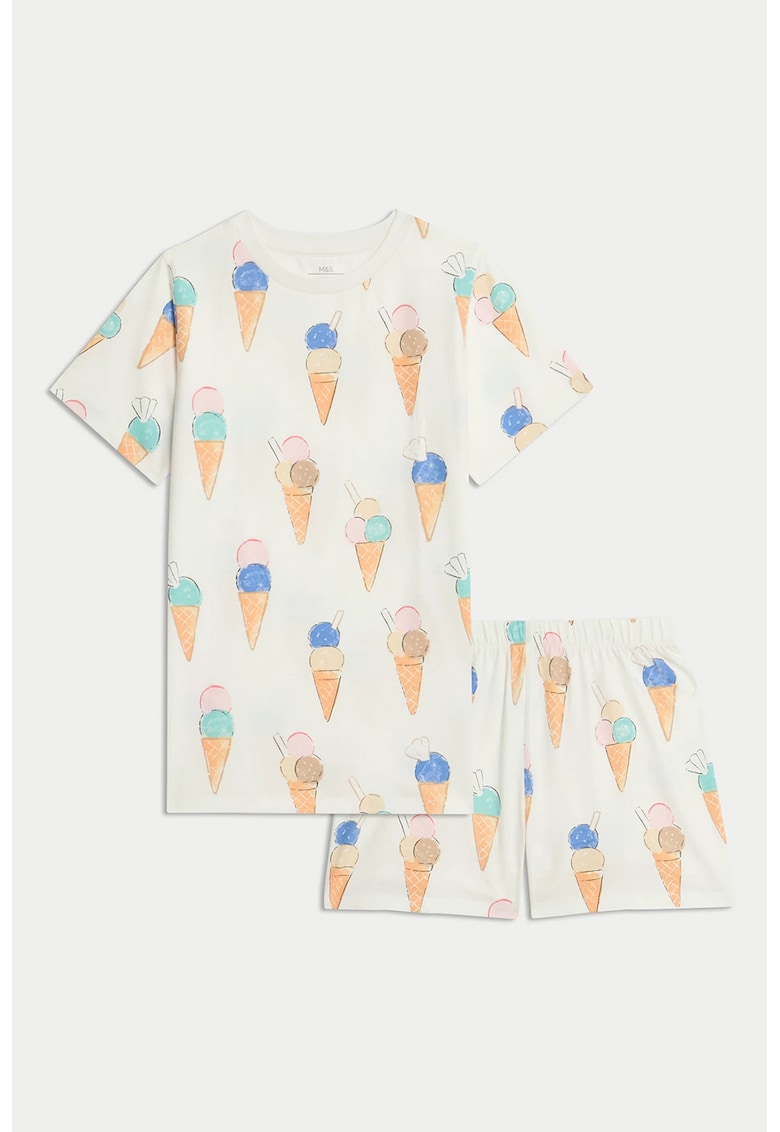Pijama din bumbac cu model - Albastru inchis/Portocaliu pal/Crem