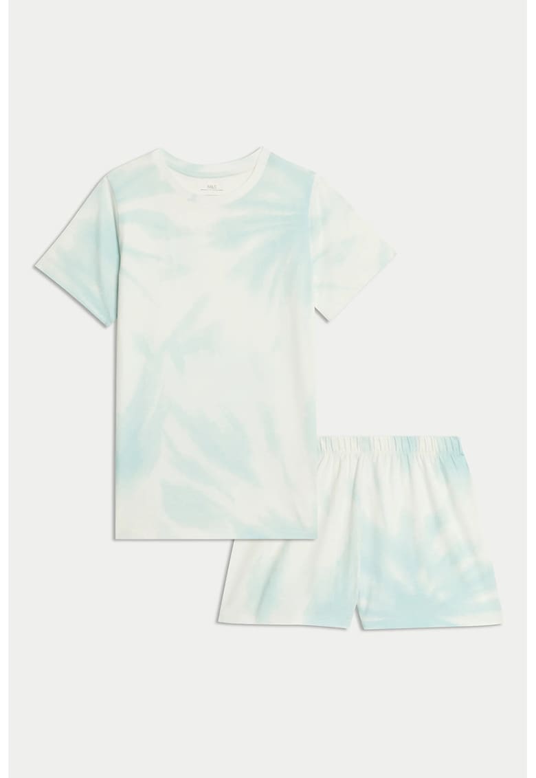 Pijama din bumbac cu model tie-dye - Albastru pal/Alb murdar