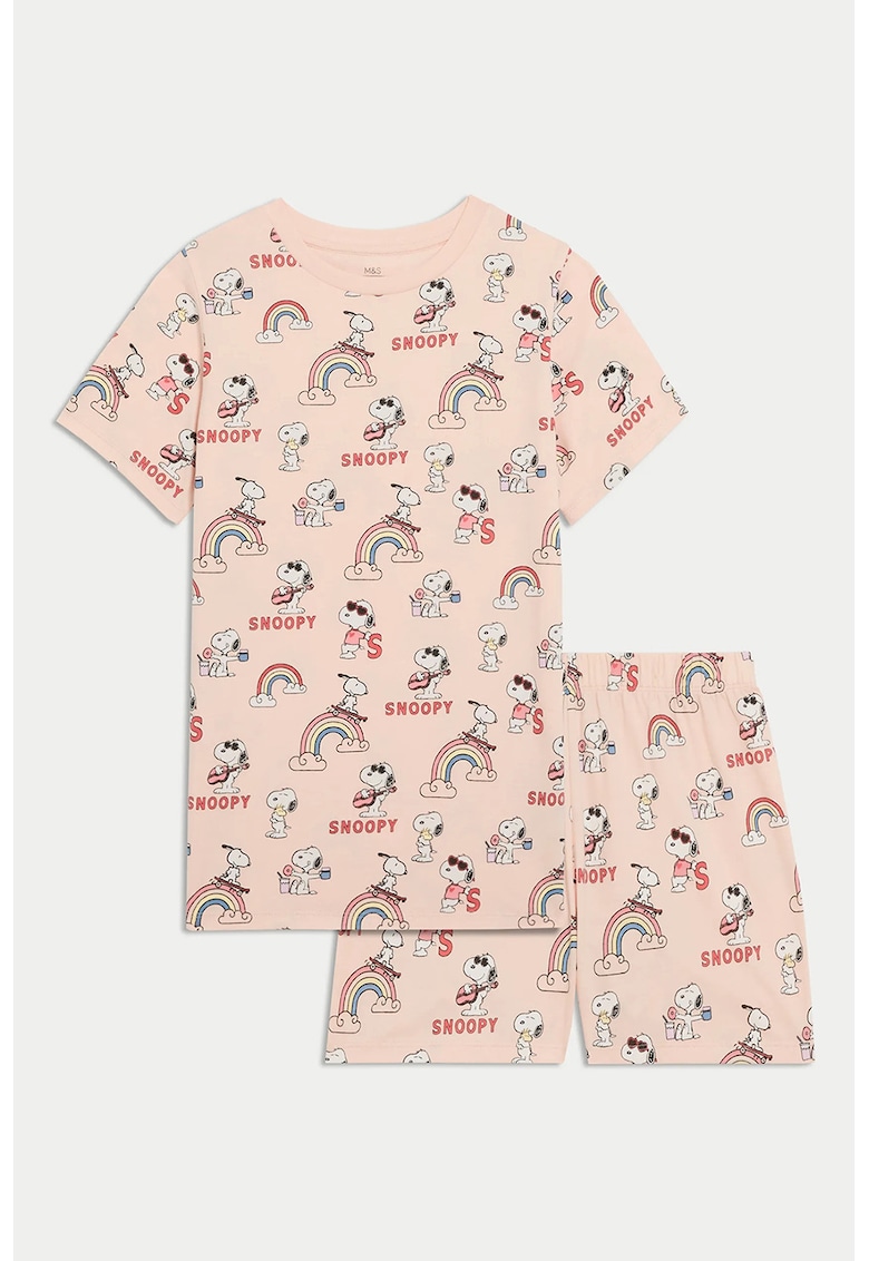 Pijama din bumbac cu imprimeu desene animate - Coral/Piersica/Bej deschis