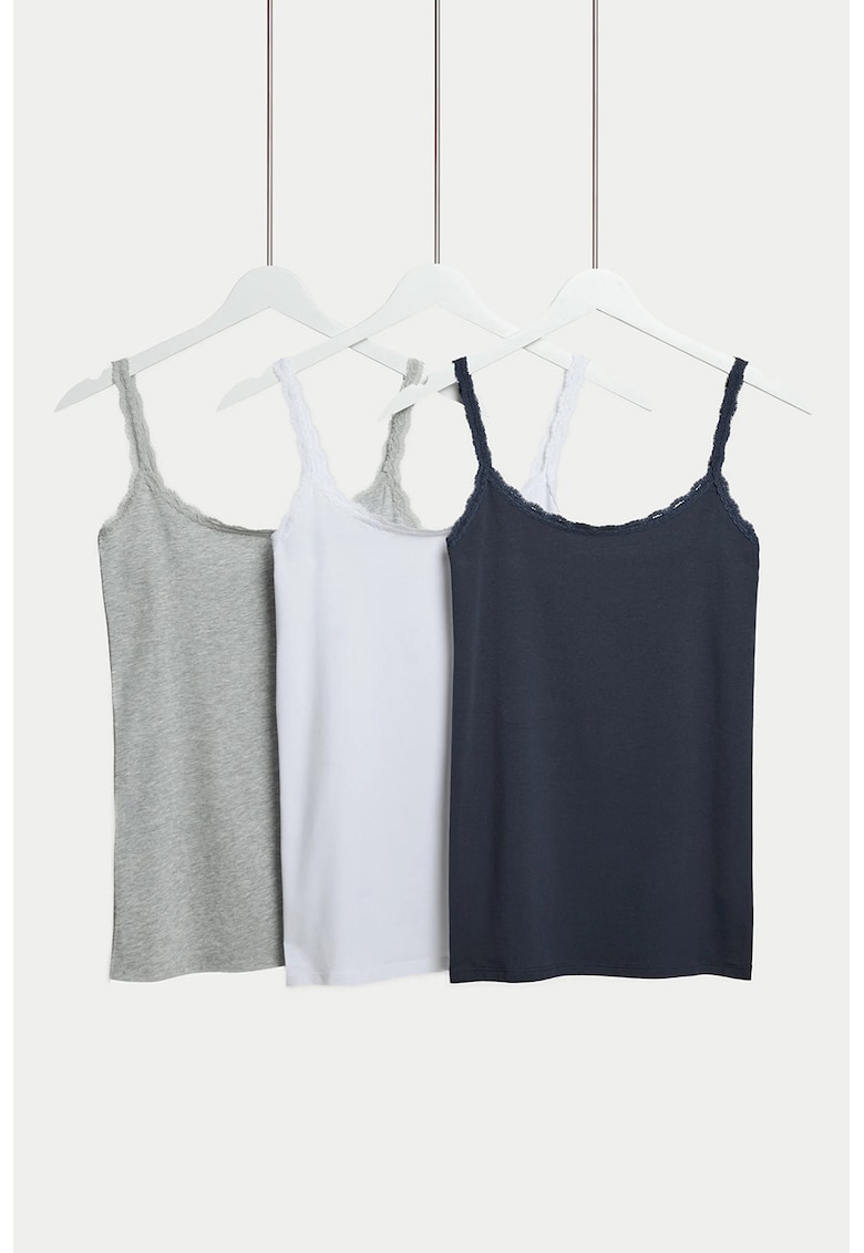 Set de 3 top-uri de casa cu insertii din dantela - Alb/Gri/Bleumarin
