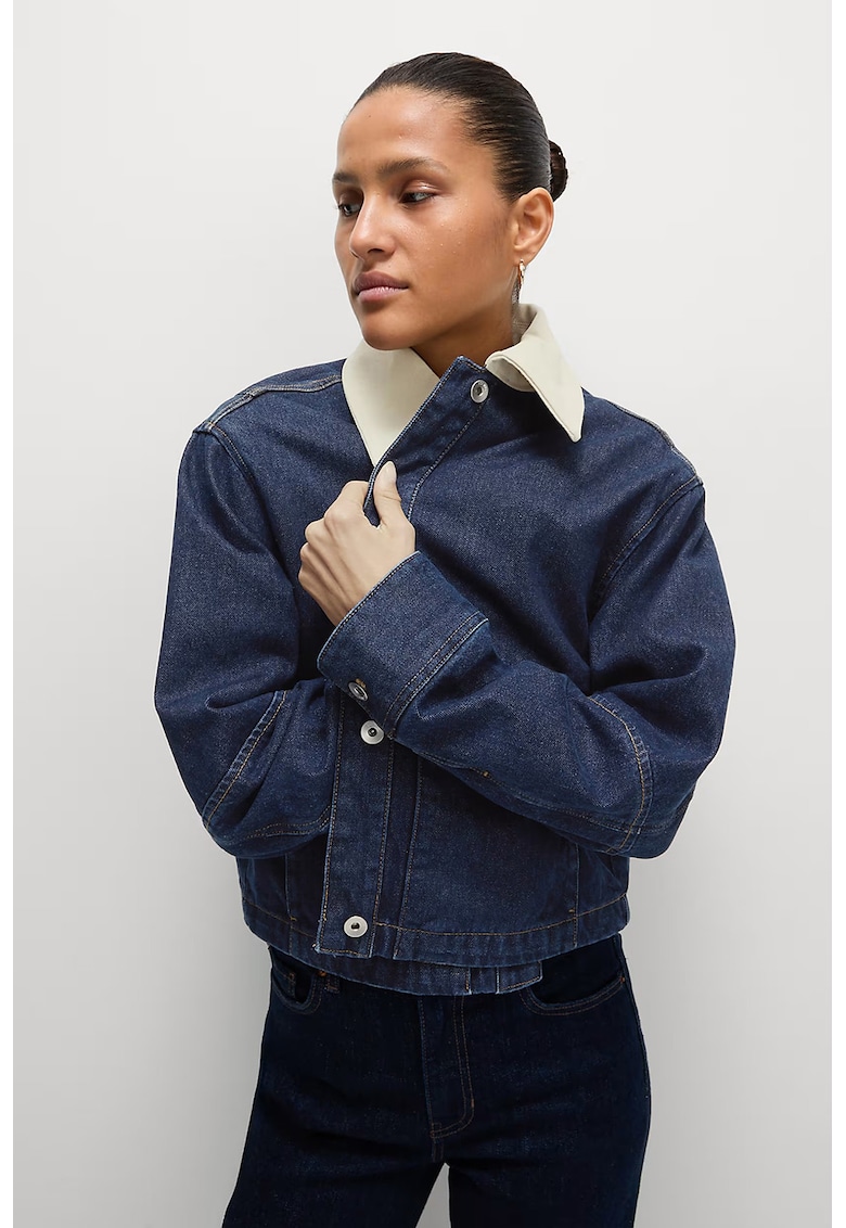 Jacheta din denim cu guler contrastant - Albastru indigo