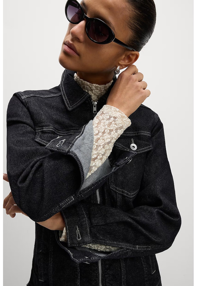 Jacheta din denim cu fermoar - Alb/Negru stins