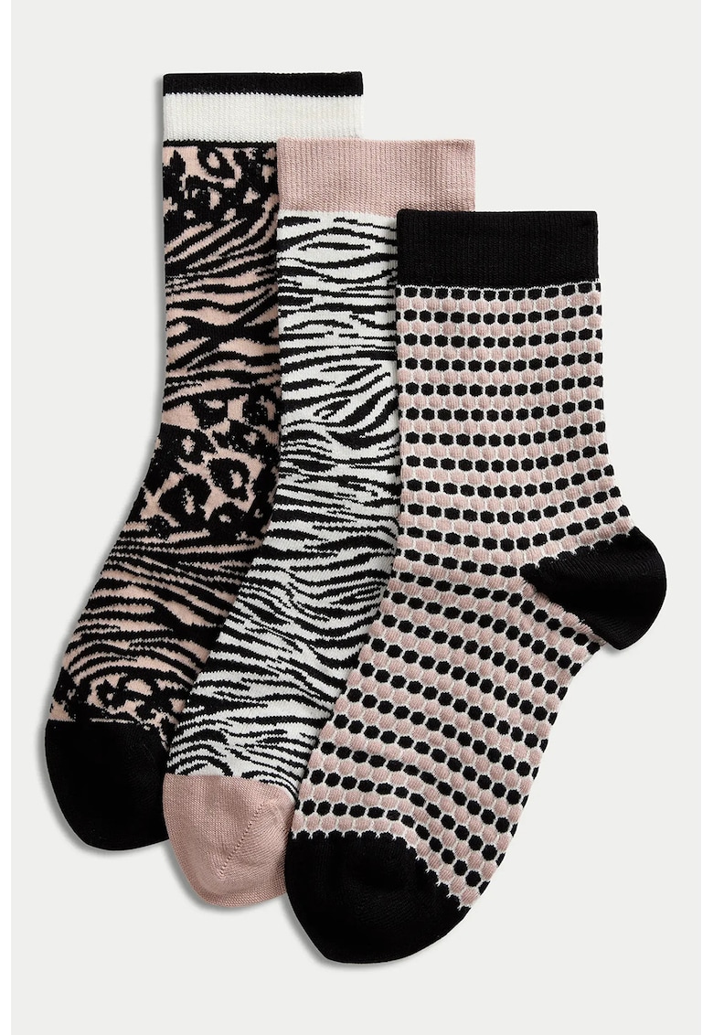 Set de sosete scurte cu animal print - 3 perechi - Negru/Bej