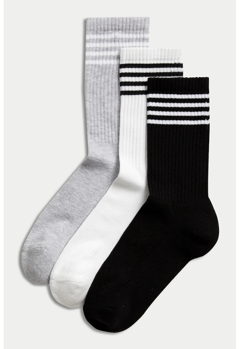 Set de sosete lungi cu dungi - 3 perechi - Alb/Negru/Gri