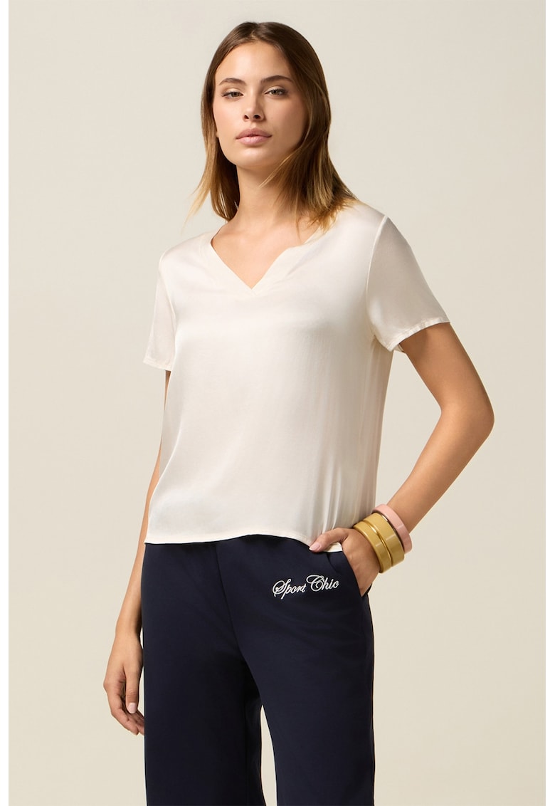 Bluza cu decolteu in V si maneci scurte - Alb fildes