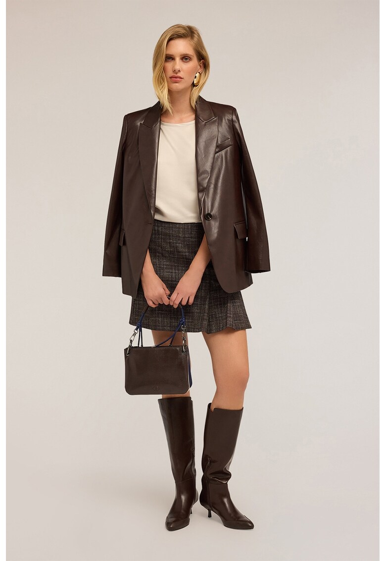 Tricou cu decolteu rotund si aspect de satin - Bej deschis