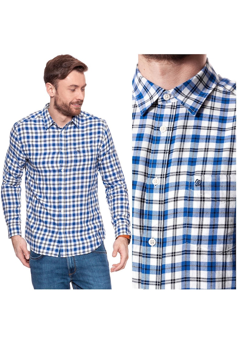 Camasa Barbati - Model L/S 1PKT SHIRT - 100% Bumbac - Respirabila - Cu Guler Clasic - Cu Nasturi - Croiala Confortabila Regular Fit - Cu Buzunar La Piept - Marimea S - Albastru/Alb