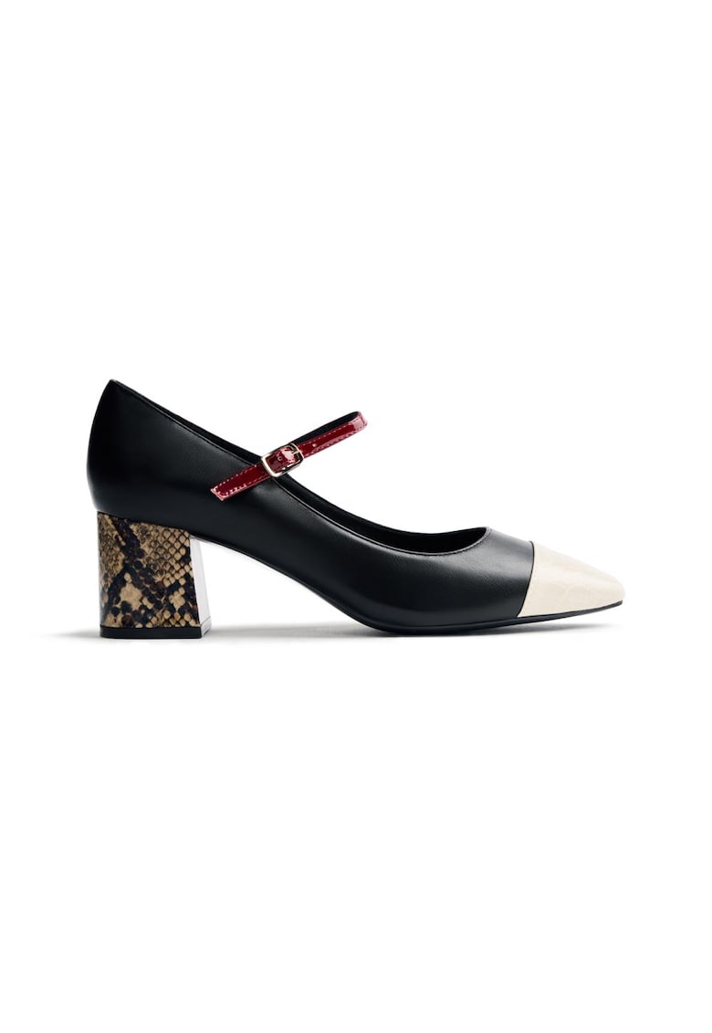 Pantofi Mary Jane de piele ecologica cu aplicatie cap-toe