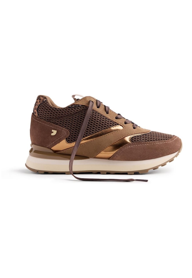 Pantofi sport wedge de plasa cu insertii de piele intoarsa - Maro taupe