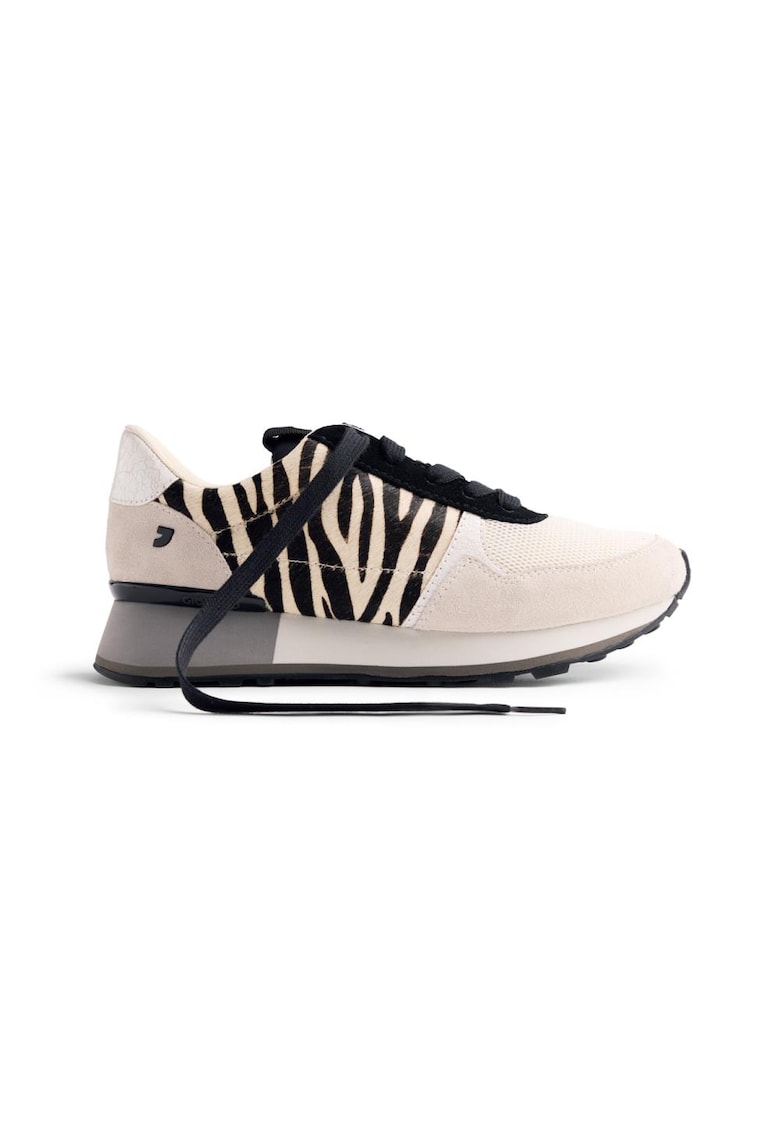 Pantofi sport wedge de piele intoarsa cu animal print - Alb/Negru
