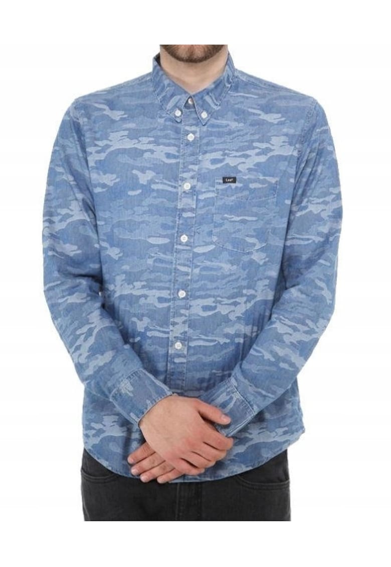 Camasa Barbati -  Model BUTTON DOWN - Croiala Slim Fit - 100% Bumbac - Cu Nasturi - Buzunar La Piept - Model Camuflaj - Moderna Si Comoda - Buna Pentru Tinute Casual - Marimea M - Albastru