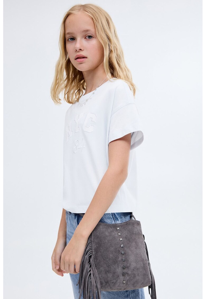 Tricou de bumbac cu text brodat - Alb