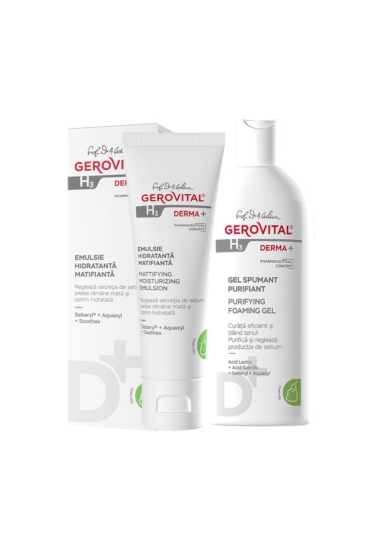 Pachet cadou  H3 Derma+: Gel Spumant Purifiant Derma+ 200ml + Emulsie Hidratanta Matifianta 50ml
