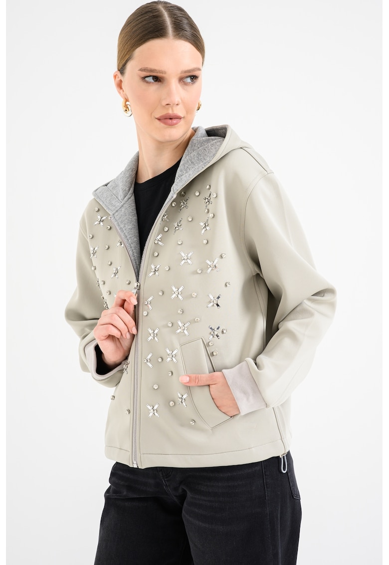 Hanorac regular fit decorat cu strasuri - Gri deschis