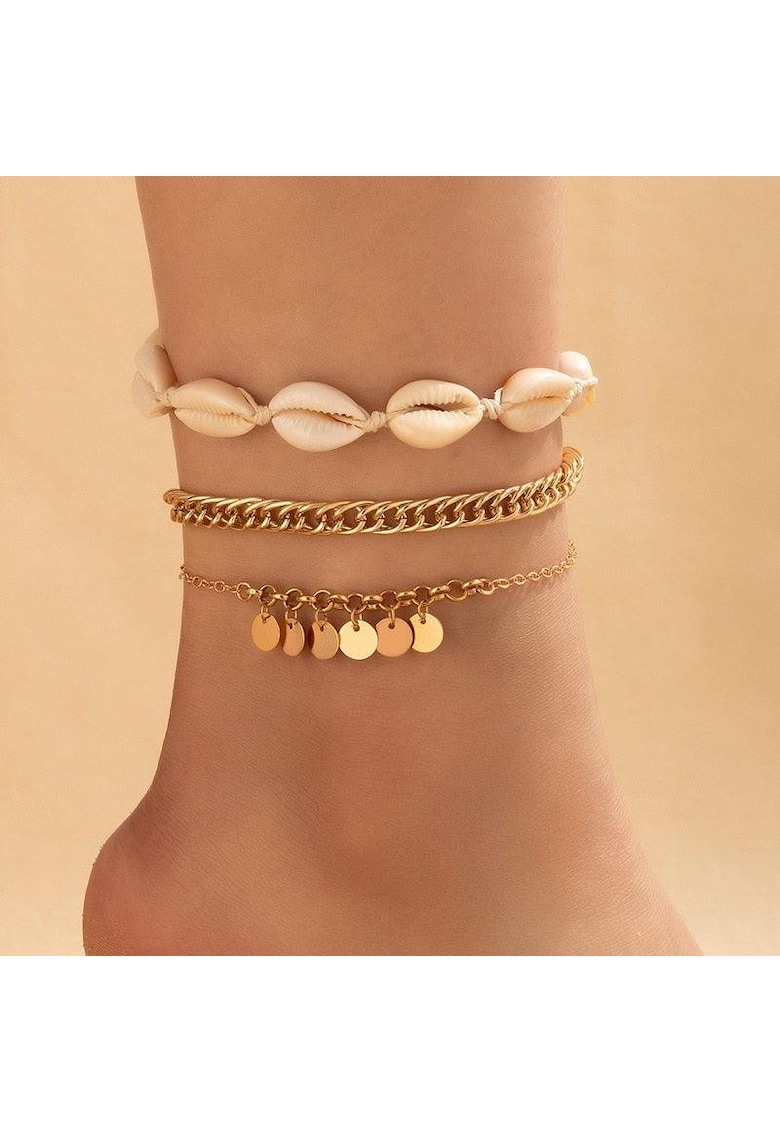 Set 3 bratari de picior - aurii - cu banuti si scoici - Georgina C33 -