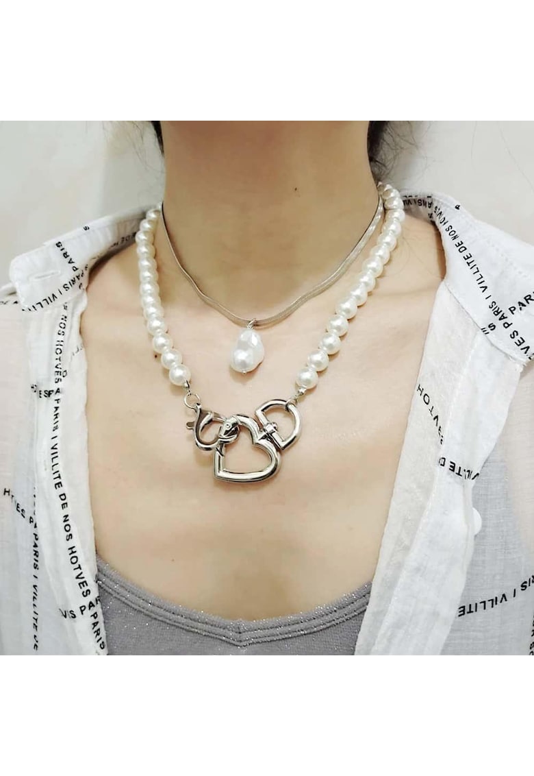 Colier in 2 straturi - cu perle si inimioare - argintiu - Line C2