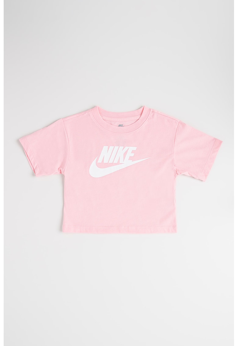 Tricou cu imprimeu logo si decolteu la baza gatului - Alb/Roz pastel