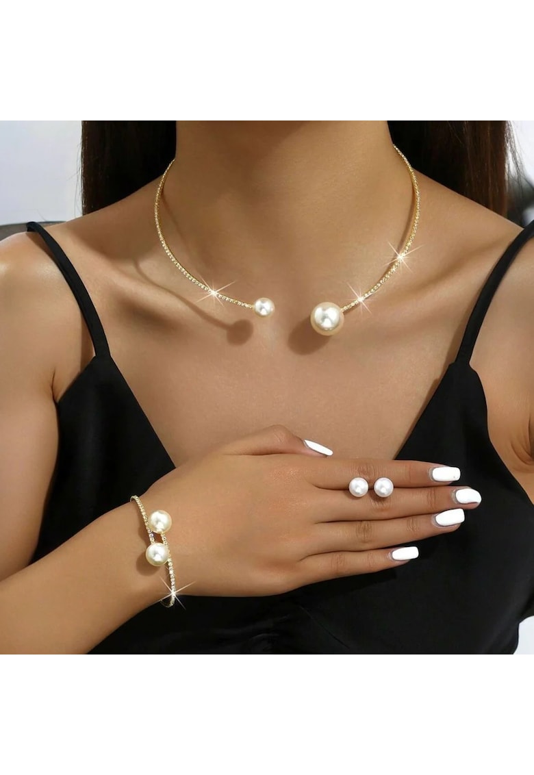 Set colier choker - bratara si cercei - auriu - cu perle si pietre - David C15