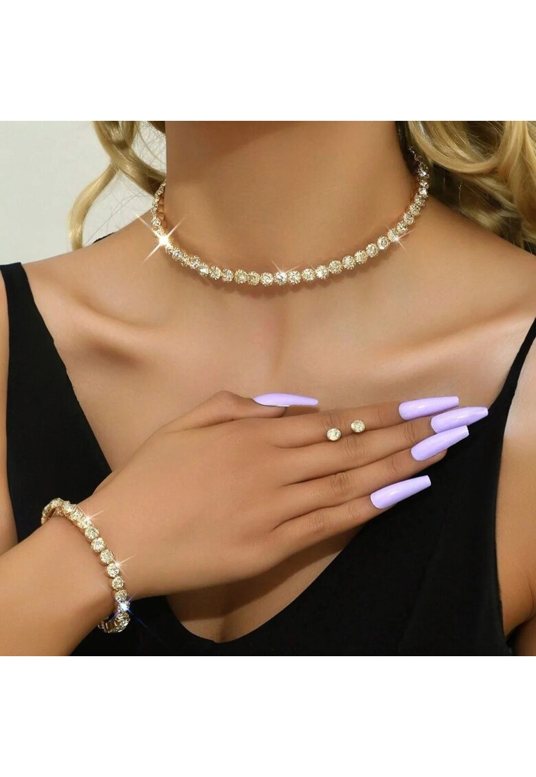 Set colier tennis - bratara si cercei - auriu - cu pietre - Dave C15