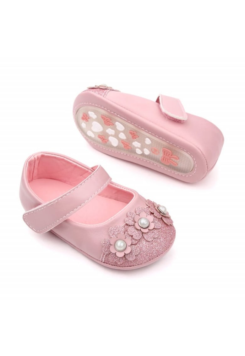 Pantofi Model AL 15442 cu sclipici si floricele - Piele ecologica - Roz