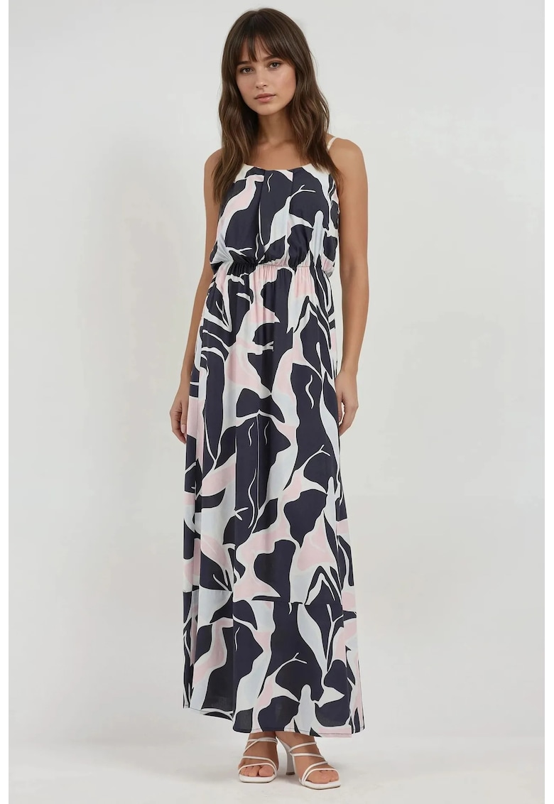 Rochie maxi - imprimeu - guler patrat - multicolor - textil
